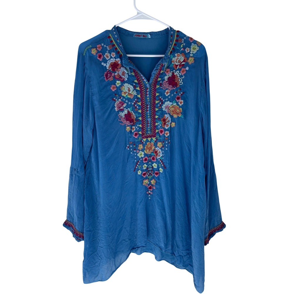 Johnny Was Blue Embroidered Floral Peasant Tunic Roll-Tab Crinkle Rayon Size L